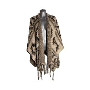 ANGIE Soft Knit Aztec Fringe Ruana Wrap Cardigan Shawl Brown Taupe OS